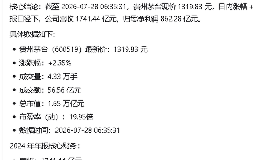 金融与量化团队回复细节特写：开盘、最高、最低、昨收、涨跌幅、成交量、成交额与 2024 年营业总收入